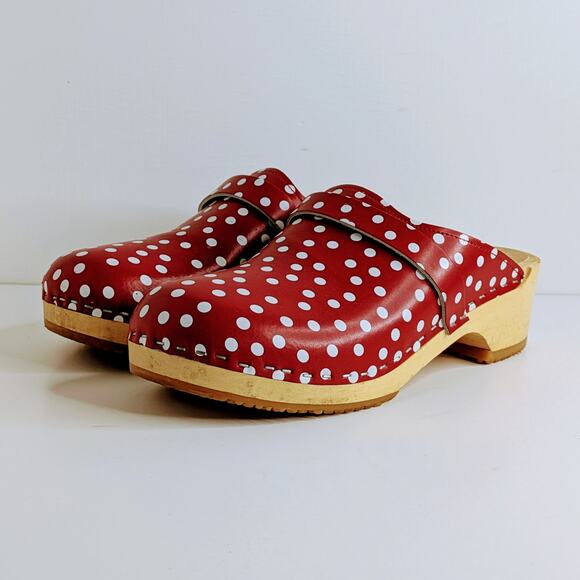 Verka Polka Dot Clogs 40 Red White Slip On Wood Platform Retro Aesthetic Chic - Picture 3 of 14